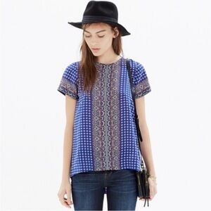 MADEWELL SILK BLUE ASCOT GRIDIRON BOHO SHORT SLEEVE BLOUSE TOP XS